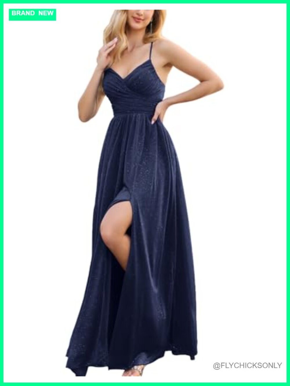Women Formal Maxi Dress V-Neck Spaghetti Strap High Slit Bridesmaid Gown